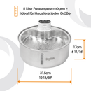 Edelstahl‑Haustiertrinkbrunnen von Dog Mate mit rundem Design, erhöhtem Wasserauslass, gleichmäßigem Wasserfluss, smarter Bedienoberfläche oben und transparentem vertikalem Wasserstandsanzeiger an der Vorderseite. Das Bild zeigt zudem die Maße des Brunnens und betont das große 8‑Liter‑Fassungsvermögen für Haustiere jeder Größe.