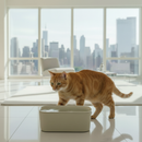 Eine orangefarbene getigerte Katze steht auf einem weißen Boden neben einem Cat Mate salbeigrünen Keramik-Trinkbrunnen für Katzen in einer hellen, modernen Wohnung mit raumhohen Fenstern mit Blick auf eine Stadtsilhouette.
