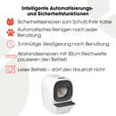 Infografik einer weißen Cat Mate automatischen Katzentoilette mit Text, der 'Intelligente Automatisierungs- und Sicherheitsfunktionen' beschreibt, einschließlich: sicherheitsorientiertes Design schützt Ihre Katze (Katzengesicht-Symbol), automatisches Abfallschaufeln nach jedem Besuch (Pfotenabdruck-Symbol), 3-minütige Verzögerung nach Katzenbenutzung (Uhr-Symbol), 30 cm Näherungssensoren pausieren den Betrieb (Lineal-Symbol) und leiser Betrieb stört den Haushalt nicht (Ruhe-Symbol mit schlafender Katze).