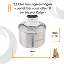 Eine Cat Mate‑Produktgrafik des Edelstahl‑Wasserbrunnens zeigt ein Fassungsvermögen von 2,2 Litern für ein bis zwei Katzen. Die Abmessungen sind mit 16 cm (6 ⅓ ") Höhe und 18 cm (7 ") Breite beschriftet, mit einer kleinen Illustration einer orangefarbenen getigerten Katze neben der Breitenangabe als Größenvergleich.