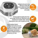 Eine Cat Mate‑Brunnen‑Infografik hebt drei Merkmale mit Symbolen hervor: eine langlebige, wiederaufladbare Batterie (ca. 60 Stunden fließendes Wasser), bewegungsaktivierte Funktion und kabellose Tragbarkeit. Sie enthält außerdem eine Nahaufnahme des Bedienfelds des Brunnens mit fließendem Wasser sowie ein Foto eines orangefarbenen getigerten Katers, der im Freien daraus trinkt.