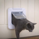 Eine graue Katze benutzt eine weiße Mikrochip-Katzenklappe, die in einer weißen Tür oder Wand installiert ist. Die Katze ist halb durch die transparente Klappentür hindurch und demonstriert, wie die Haustiertür funktioniert. Die Katzenklappe hat einen weißen Rahmen und eine durchsichtige Plastikklappe und ist auf Bodenhöhe an einer weißen Holzvertäfelung montiert.